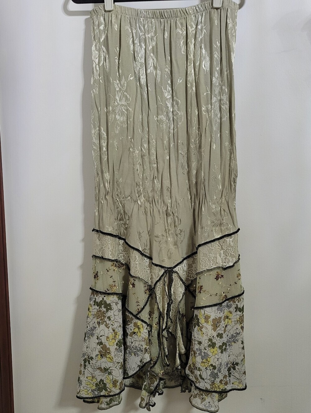 Vintage Spencer Alexis Light Olive Tan Lace Floral Tiered Women’s Skirt, Size XL